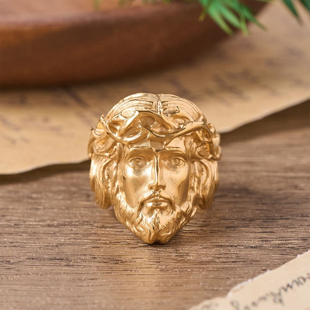 Solid Relief Crown of Thorns Holy Portrait Two-Tone Metal Statement Ring: Emblem of Boundless Heavenly Mercy