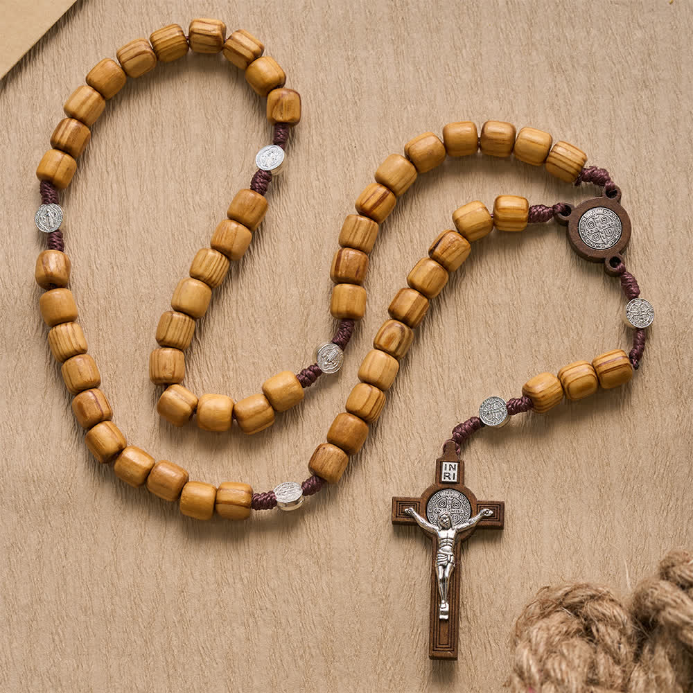 Natural Grain Barrel Timber Bead Knotted Cord Rosary With Mini Saint Benedict Medallions