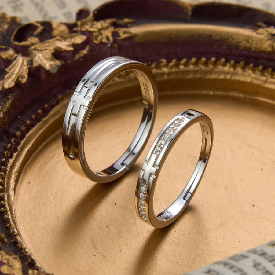 Dual Style Cross Sterling Silver Adjustable Couple Ring Set: Emblem of Unified Heavenly Covenant
