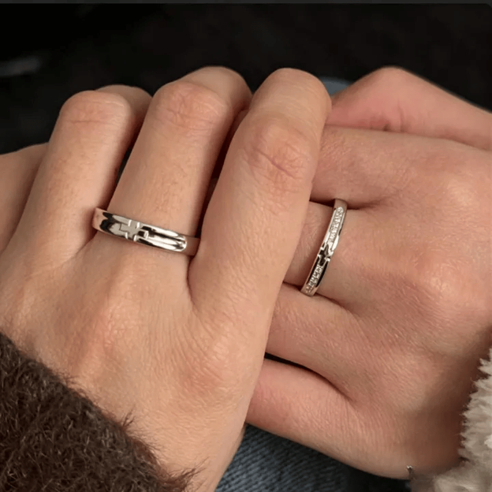 Dual Style Cross Sterling Silver Adjustable Couple Ring Set: Emblem of Unified Heavenly Covenant