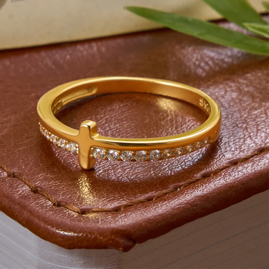 Dainty Side Raised Cross Half Pavé Zircon Sterling Silver Slim Band Ring: Emblem of Gentle Heavenly Guidance