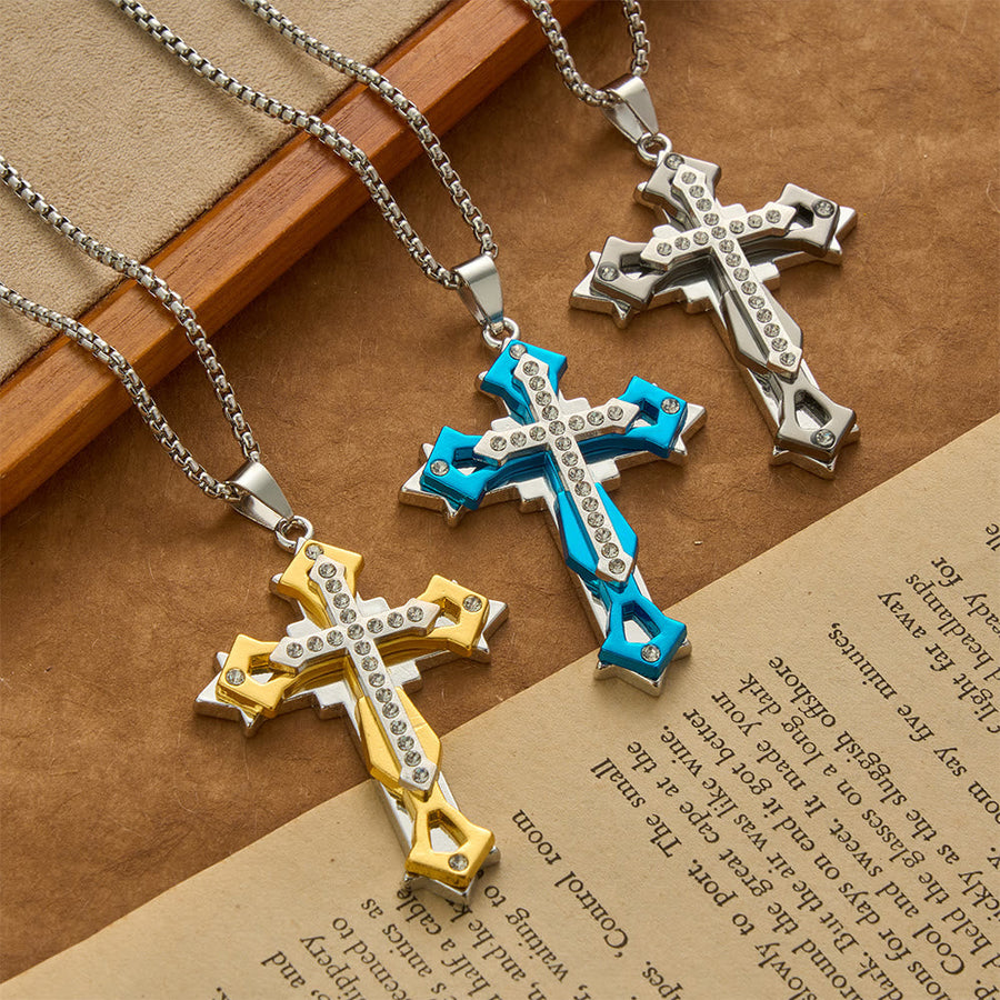 Tiered Rhinestone Cross Multicolor Pendant Necklace
