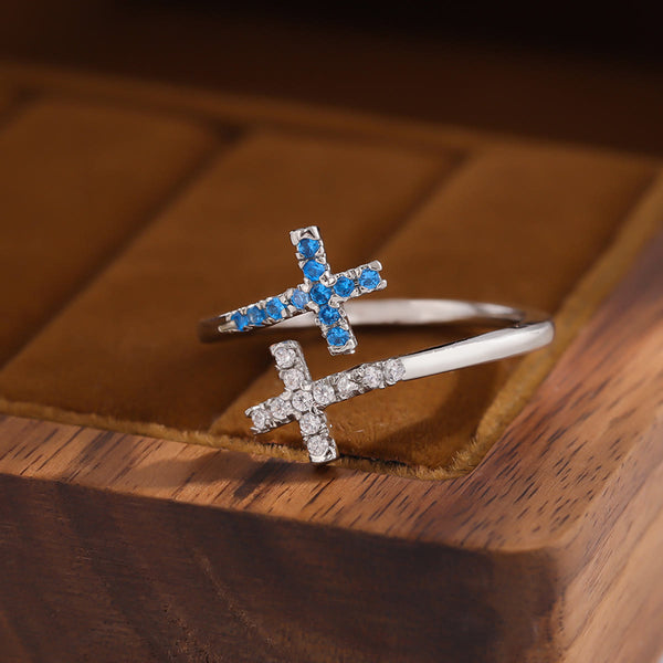 Sparkling Cross Bypass Adjustable Ring