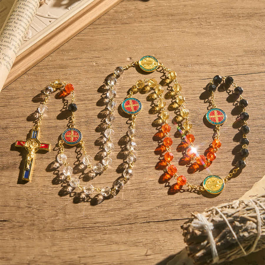 Vibrant Multi-Tone Glass Saint Benedict Rosary: For Chapel Worship & Daily Handheld Prayer