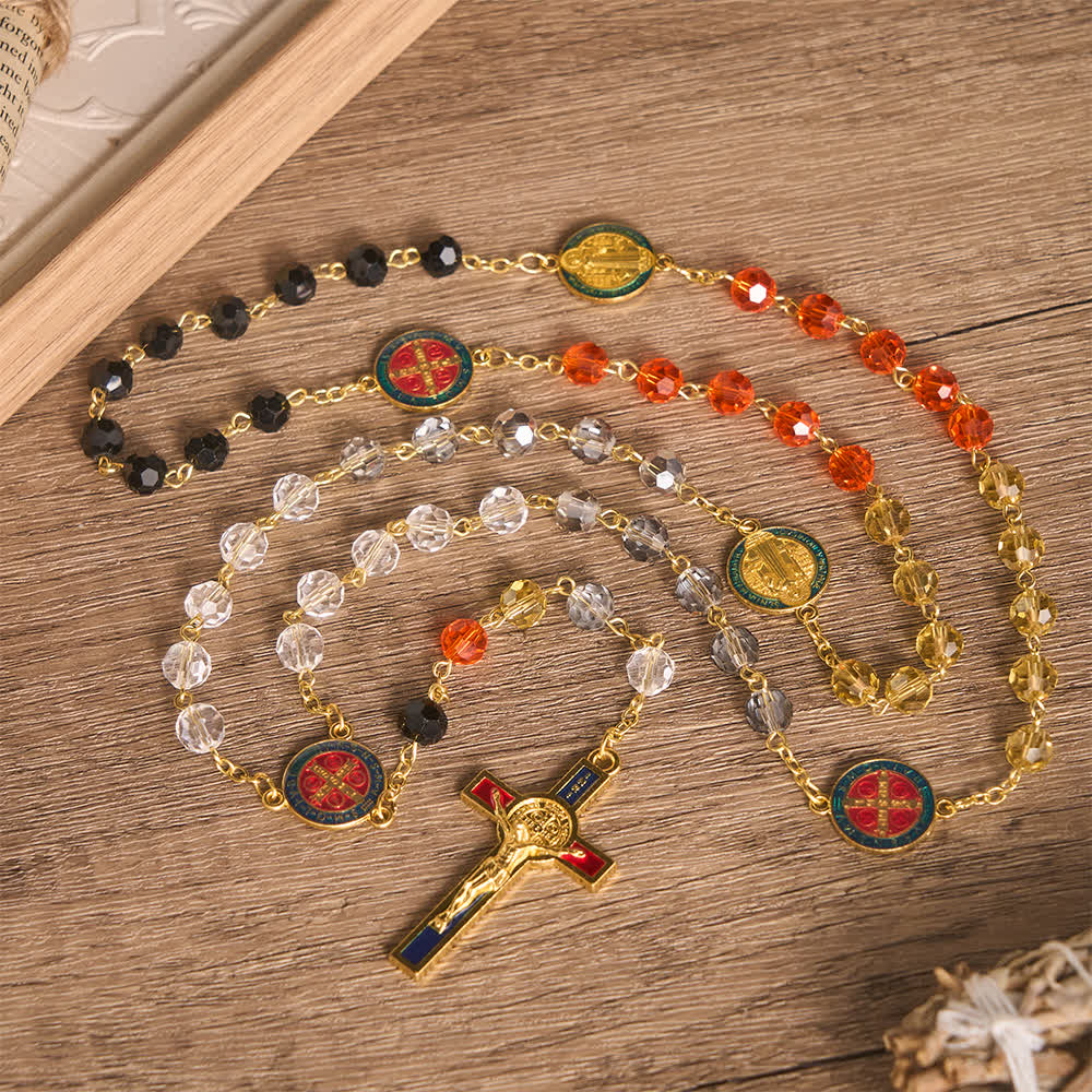 Vibrant Multi-Tone Glass Saint Benedict Rosary: For Chapel Worship & Daily Handheld Prayer