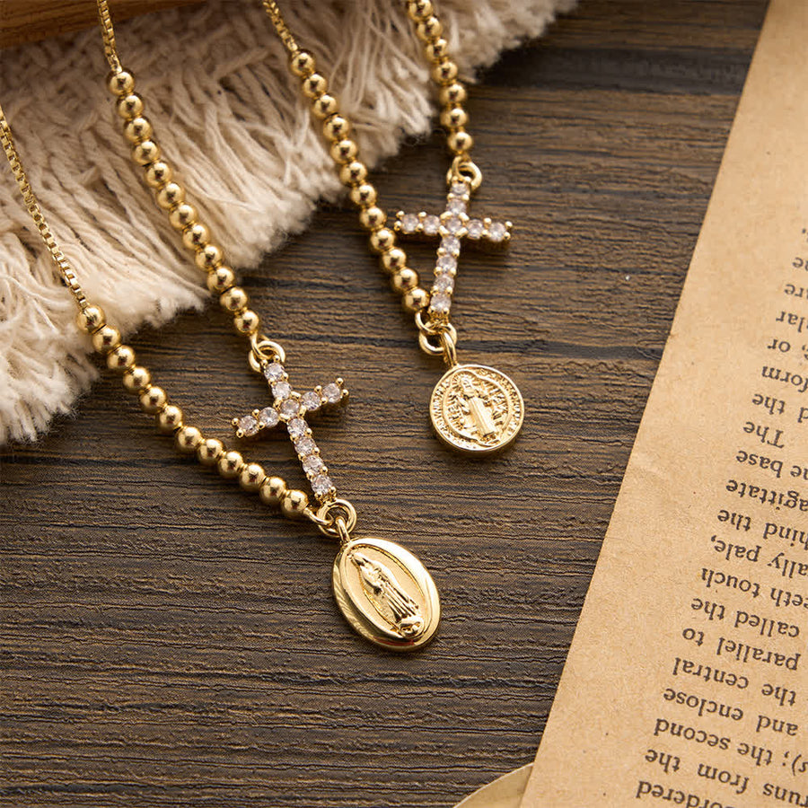 Mini Golden Bead Adjustable Bracelet With Paved Zircon Cross And Our Lady & Saint Benedict Medallion
