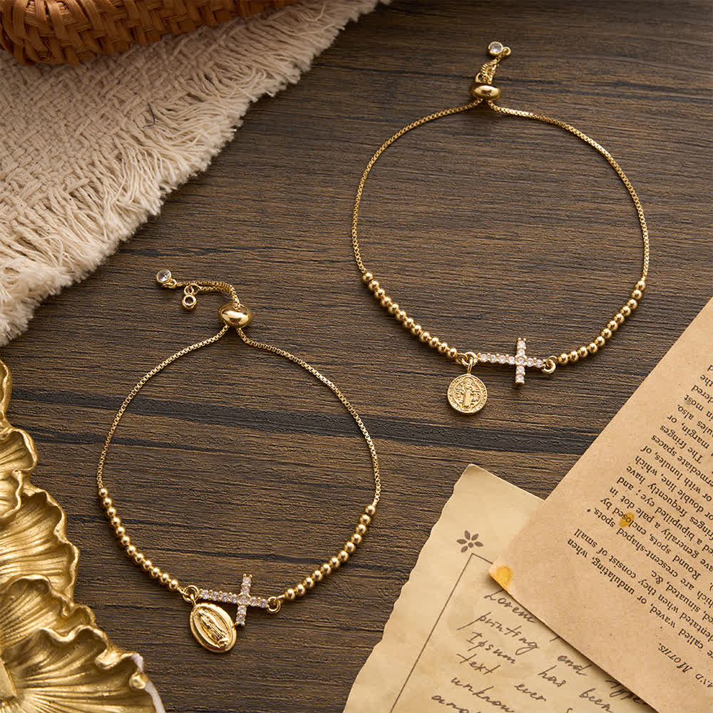 Mini Golden Bead Adjustable Bracelet With Paved Zircon Cross And Our Lady & Saint Benedict Medallion
