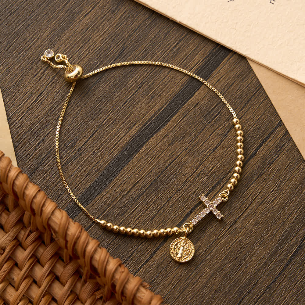 Mini Golden Bead Adjustable Bracelet With Paved Zircon Cross And Our Lady & Saint Benedict Medallion