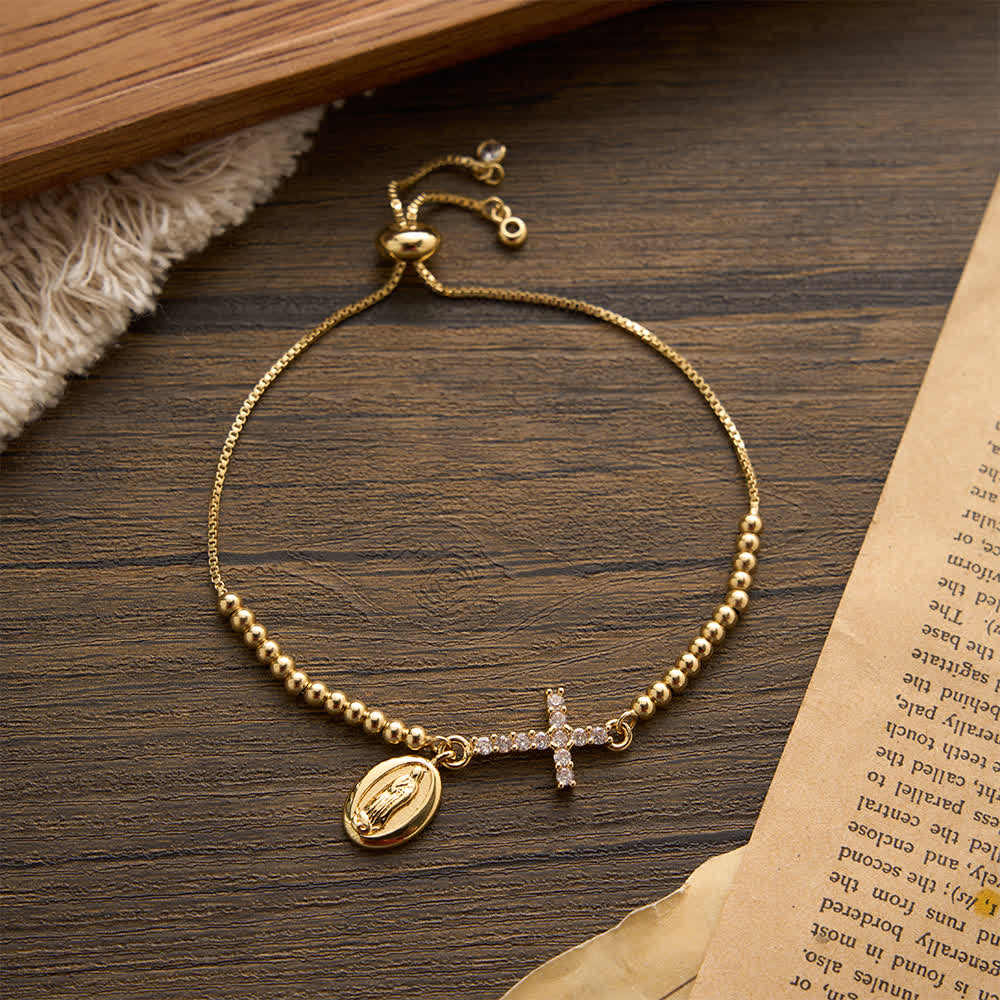 Mini Golden Bead Adjustable Bracelet With Paved Zircon Cross And Our Lady & Saint Benedict Medallion