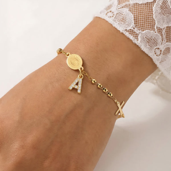Customizable 26 Letter Paved Zircon Initial Beaded Rosary Bracelet With Our Lady Miraculous Medal