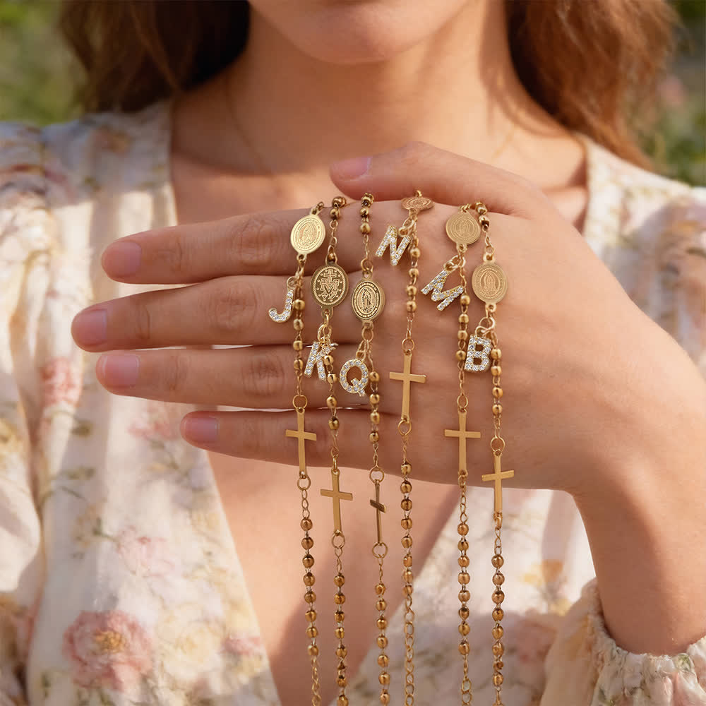 Customizable 26 Letter Paved Zircon Initial Beaded Rosary Bracelet With Our Lady Miraculous Medal