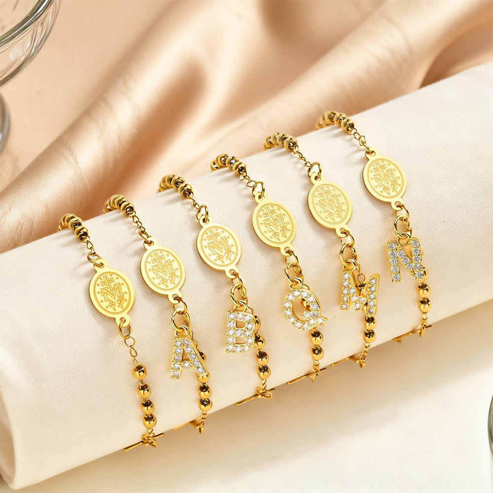 Customizable 26 Letter Paved Zircon Initial Beaded Rosary Bracelet With Our Lady Miraculous Medal