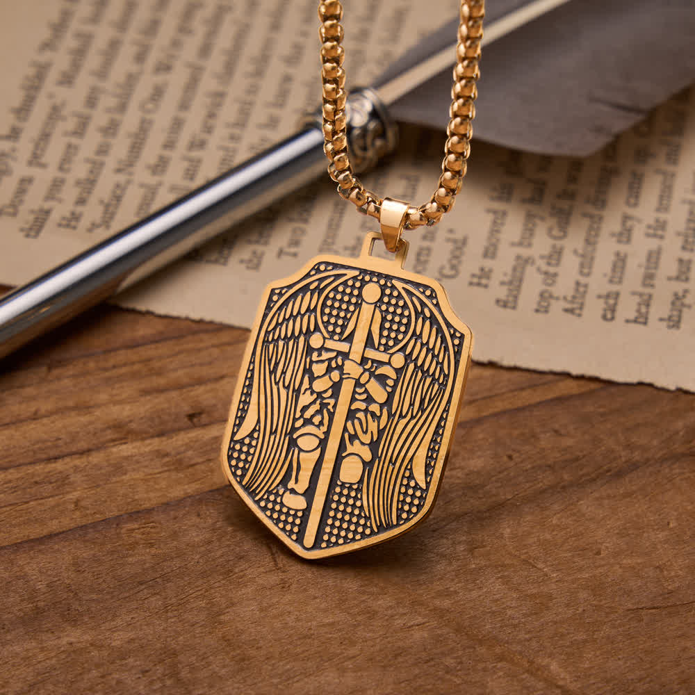 Double-Sided Deep Engraved Saint Michael Archangel Shield Box Chain Necklace