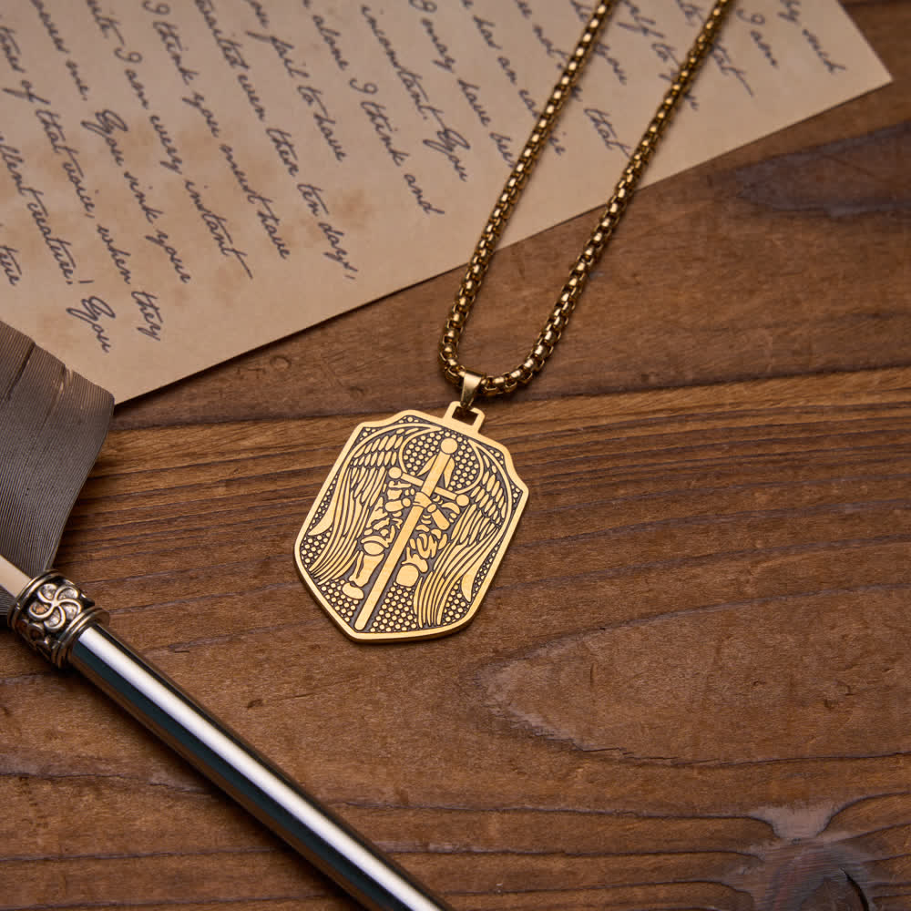 Double-Sided Deep Engraved Saint Michael Archangel Shield Box Chain Necklace