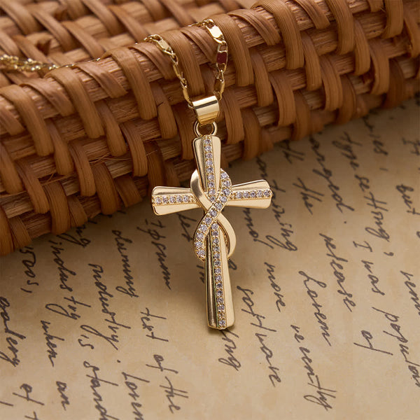 Intertwined Infinity Knot Paved Zircon Cross Box Chain Necklace: Emblem of Everlasting Heavenly Covenant