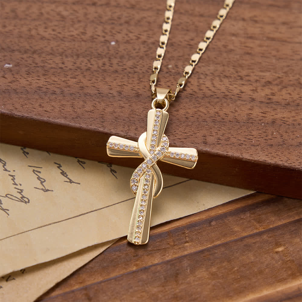 Intertwined Infinity Knot Paved Zircon Cross Box Chain Necklace: Emblem of Everlasting Heavenly Covenant