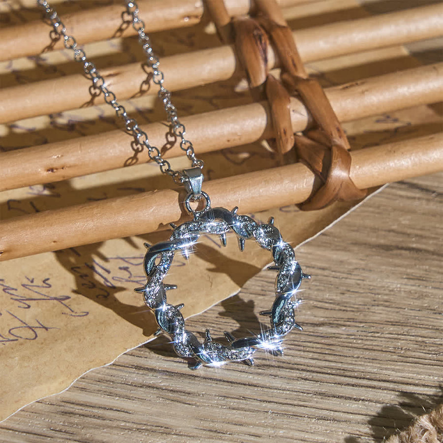 Paved Zircon Open Circle Crown of Thorns Pendant Necklace: Emblem of Sacred Redeeming Grace