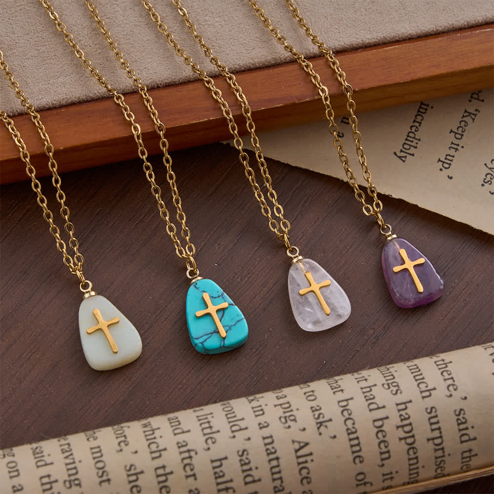 Organic Irregular Natural Stone Overlay Metal Cross Necklace: Emblem of Steadfast Heavenly Faith