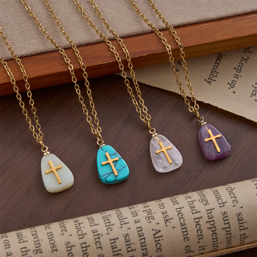 Organic Irregular Natural Stone Overlay Metal Cross Necklace: Emblem of Steadfast Heavenly Faith