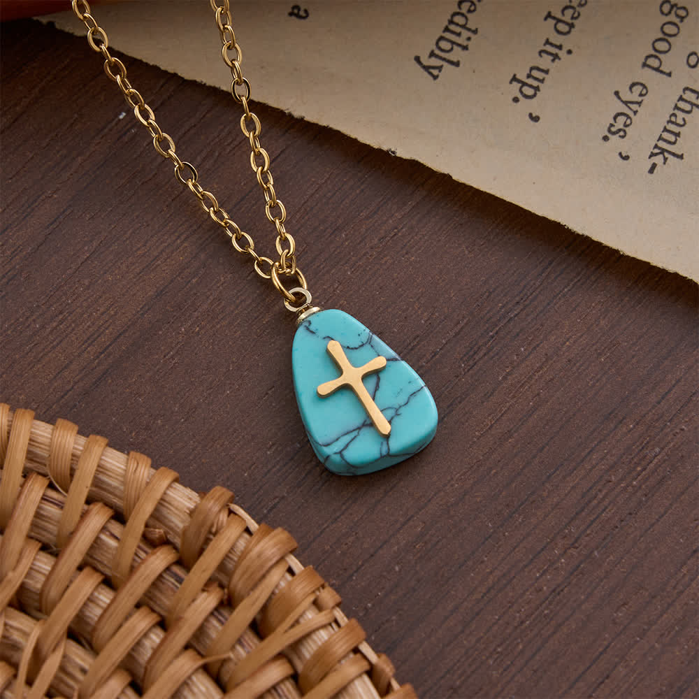 Organic Irregular Natural Stone Overlay Metal Cross Necklace: Emblem of Steadfast Heavenly Faith