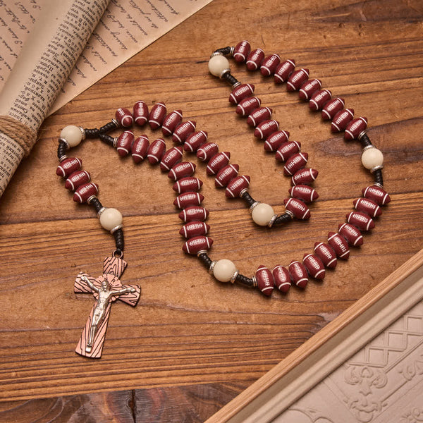 Rugby Molded Bead Knotted Cord Rosary With Wood-Grain Crucifix: Emblem of Courageous Heavenly Perseverance