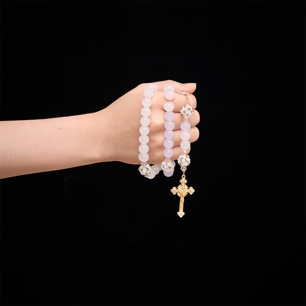 Gradient Pink Lavender Milky White Floral Glass Bead Rosary With Rhinestone Cross & Our Lady Medal