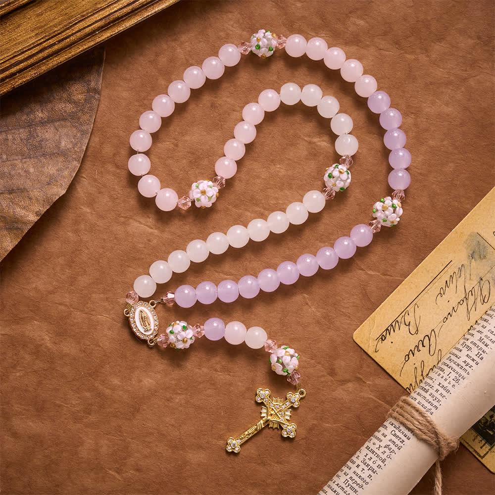 Gradient Pink Lavender Milky White Floral Glass Bead Rosary With Rhinestone Cross & Our Lady Medal