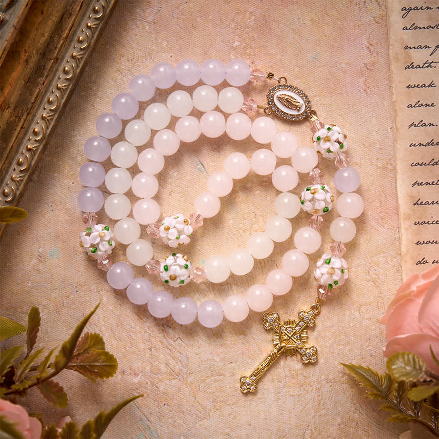 Gradient Pink Lavender Milky White Floral Glass Bead Rosary With Rhinestone Cross & Our Lady Medal