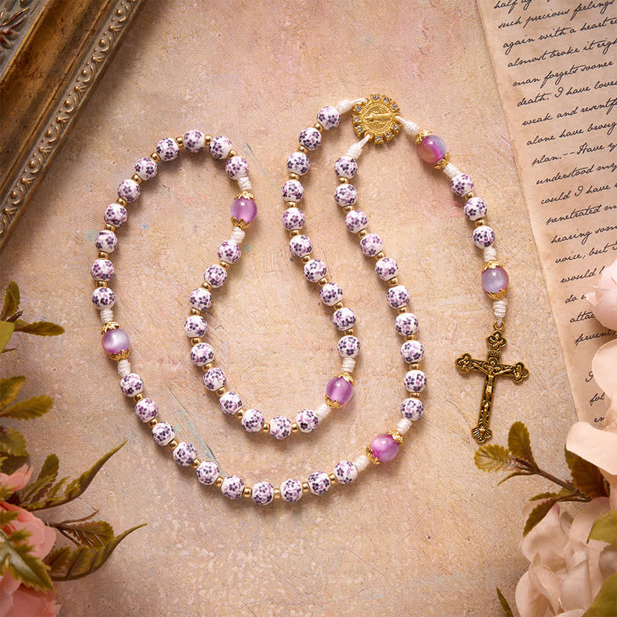 Purple Floral Porcelain Style Saint Benedict Knotted Cord Rosary With Gradient Purple Glass Beads & Golden Crucifix