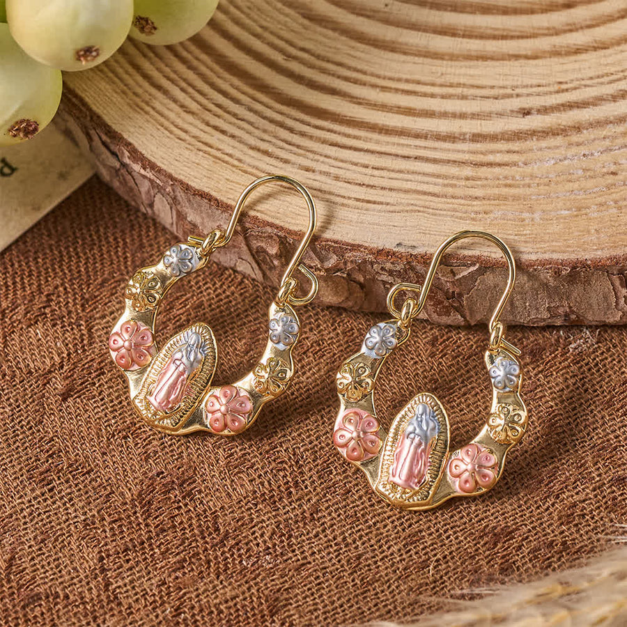 Tri-Toned Embossed Our Lady Wavy Horseshoe Hook Earrings With Floral Accents: Emblem of Tender Heavenly Shelter