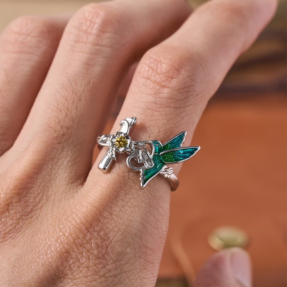 Green Enamel Hummingbird Floral Cross Ring: Emblem of Vigilant Heavenly Hope