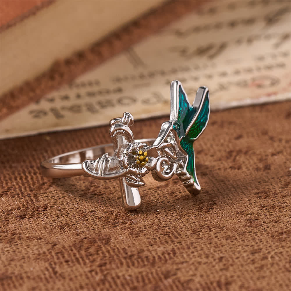 Green Enamel Hummingbird Floral Cross Ring: Emblem of Vigilant Heavenly Hope