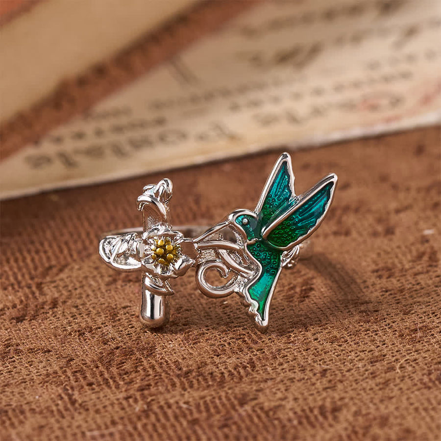 Green Enamel Hummingbird Floral Cross Ring: Emblem of Vigilant Heavenly Hope