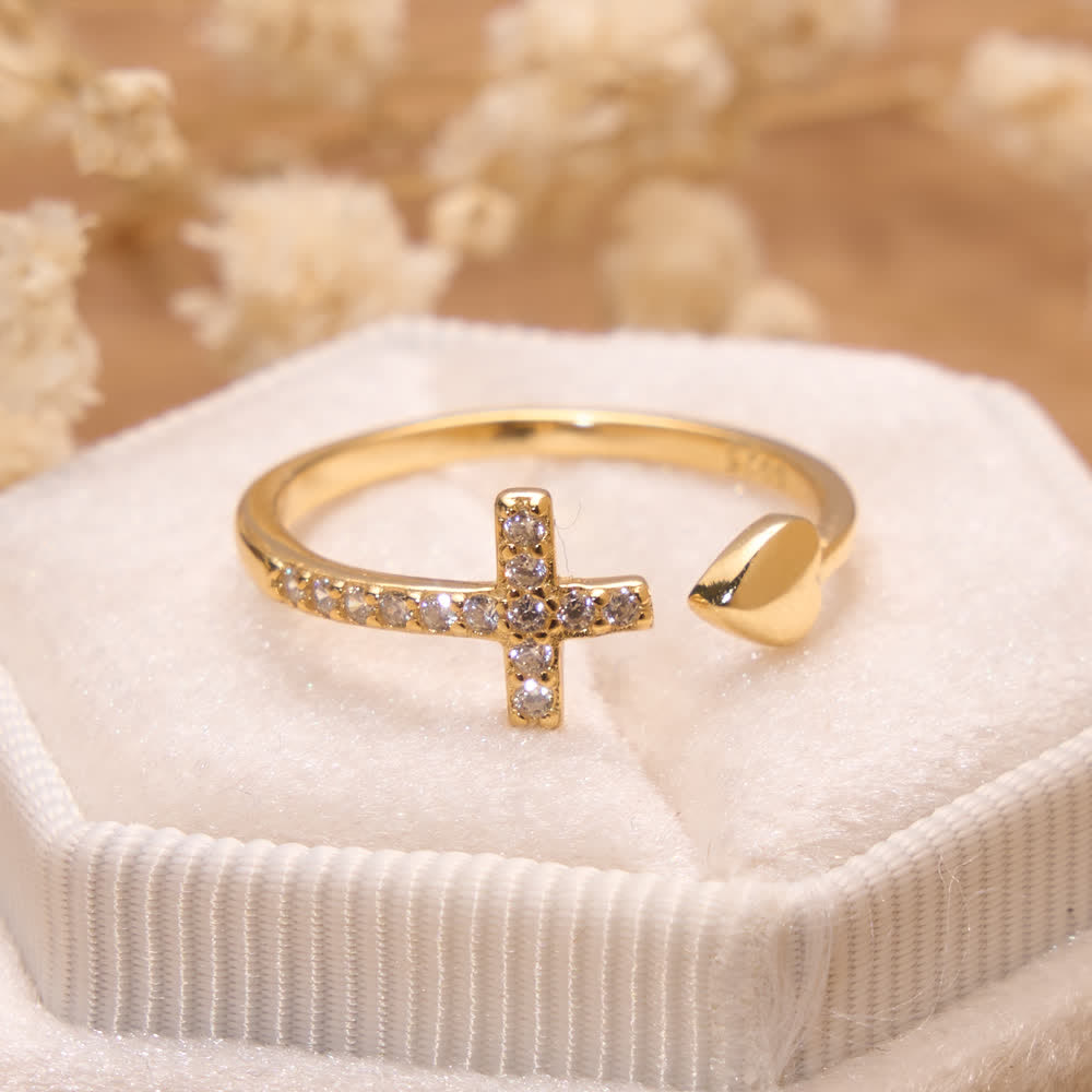 Minimal Pave Zircon Cross Open Ring With Solid Heart Tip: Emblem of Sincere Heavenly Devotion