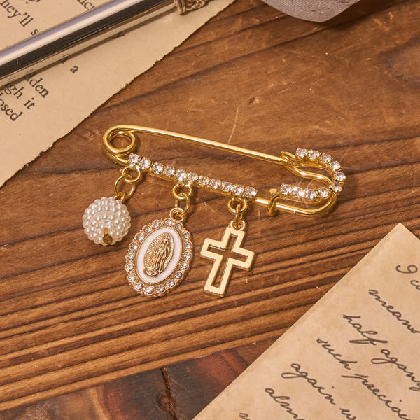Rhinestone Brooch With Dangling Our Lady & Cross & Saint Benedict Charms: Emblem of Gentle Heavenly Shelter