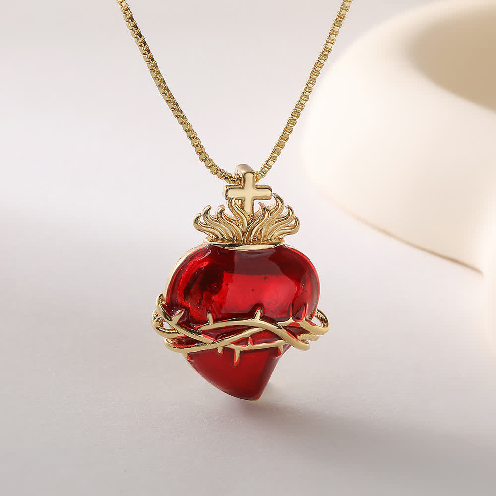 Glossy Red Enamel Sacred Heart Box Chain Necklace With Multi-Style Ornaments: Emblem of Boundless Heavenly Love