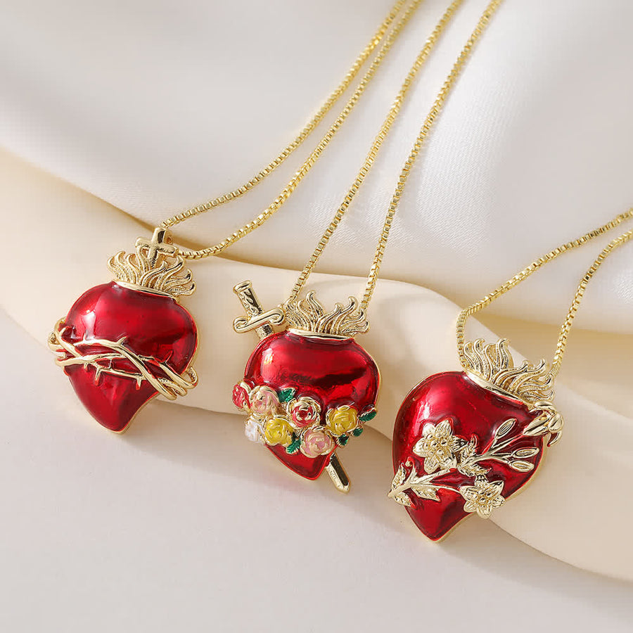 Glossy Red Enamel Sacred Heart Box Chain Necklace With Multi-Style Ornaments: Emblem of Boundless Heavenly Love