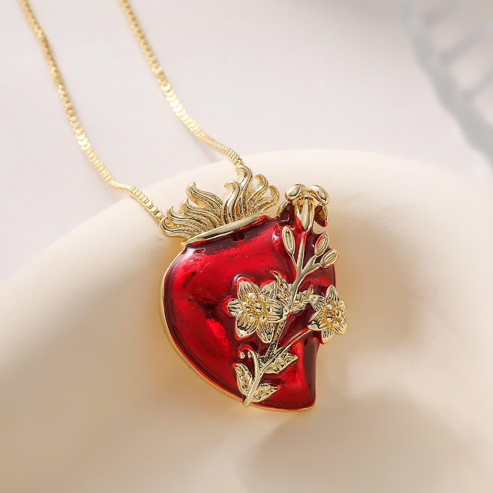 Glossy Red Enamel Sacred Heart Box Chain Necklace With Multi-Style Ornaments: Emblem of Boundless Heavenly Love