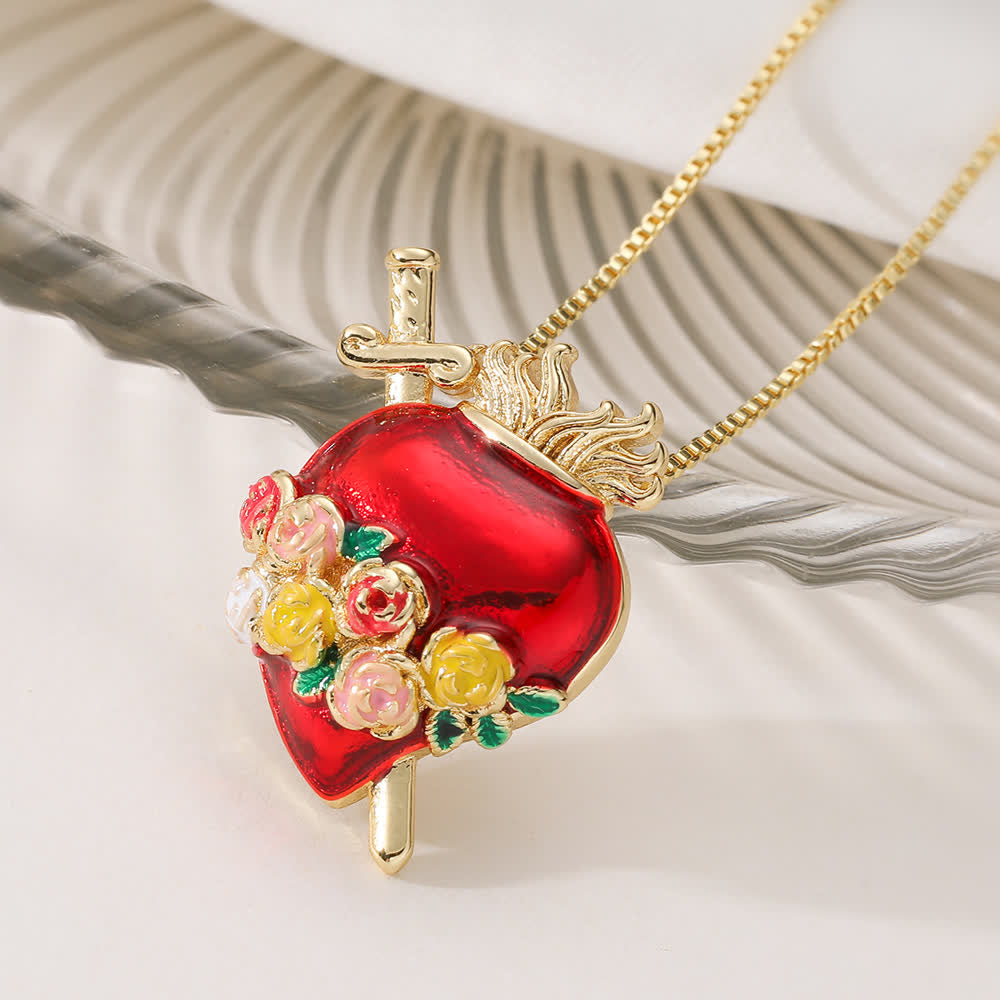 Glossy Red Enamel Sacred Heart Box Chain Necklace With Multi-Style Ornaments: Emblem of Boundless Heavenly Love