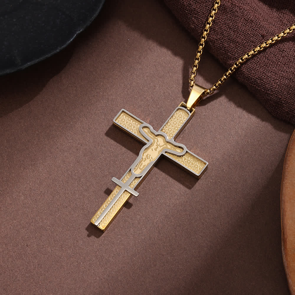Layered Hollow Cutout Crucifix Box Chain Necklace With Textured Inlay Panel: Emblem of Boundless Heavenly Mercy