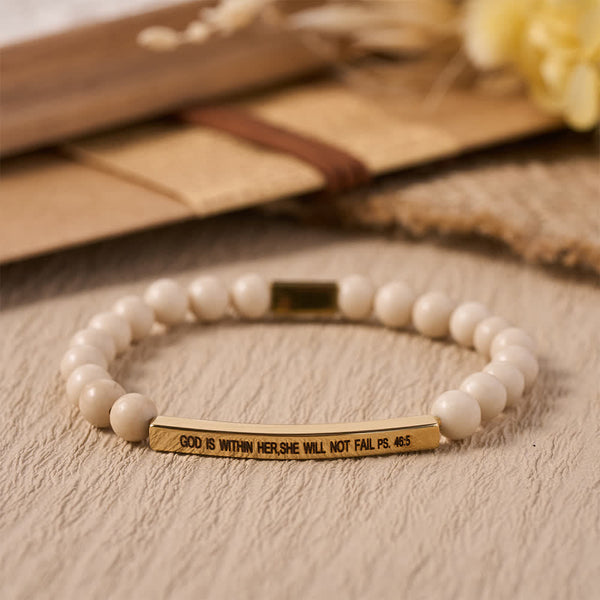 Engraved Curved Bar Stretch Beaded Bracelet With Psalm Verse God Is Within Her She Will Not Fail