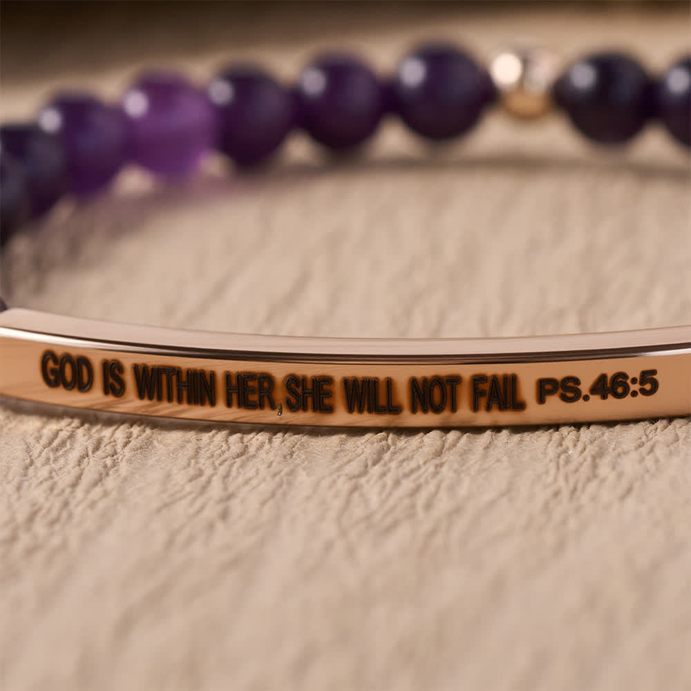Engraved Curved Bar Stretch Beaded Bracelet With Psalm Verse God Is Within Her She Will Not Fail