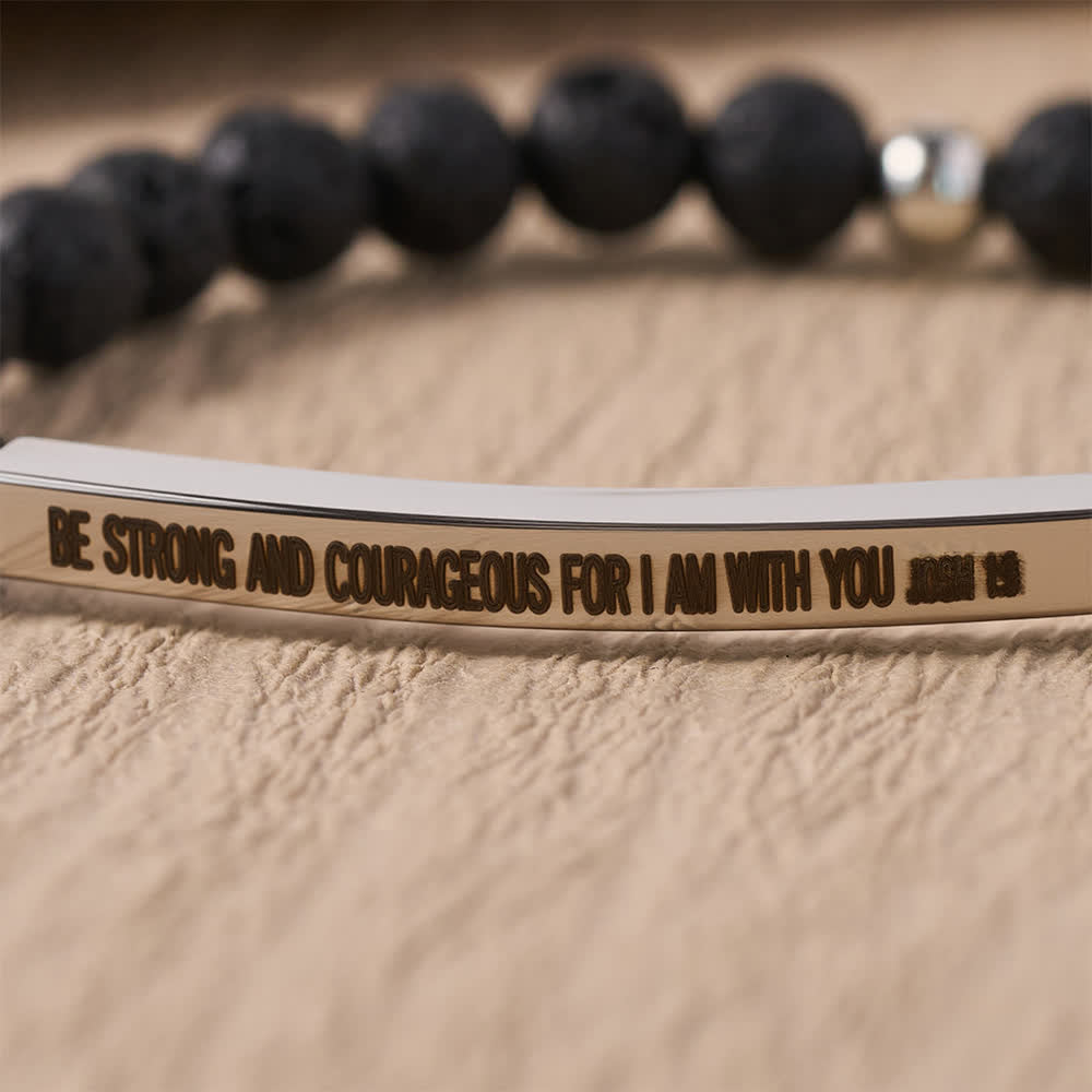 Engraved Curved Bar Stretch Beaded Bracelet With Joshua 1:9 Scripture Verse: Emblem of Brave Heavenly Fortitude