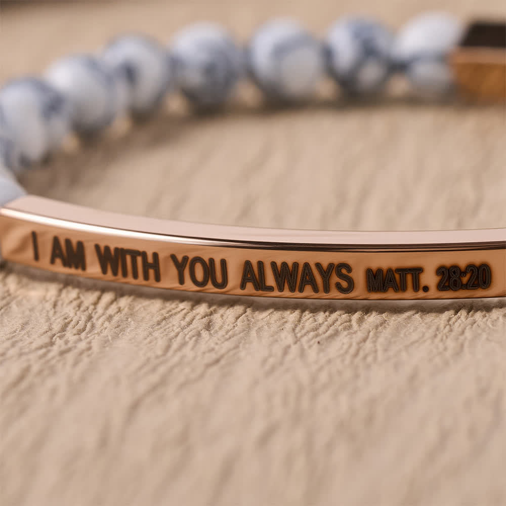 Engraved Curved Bar Stretch Beaded Bracelet With I AM WITH YOU ALWAYS Matthew 28:20 Verse