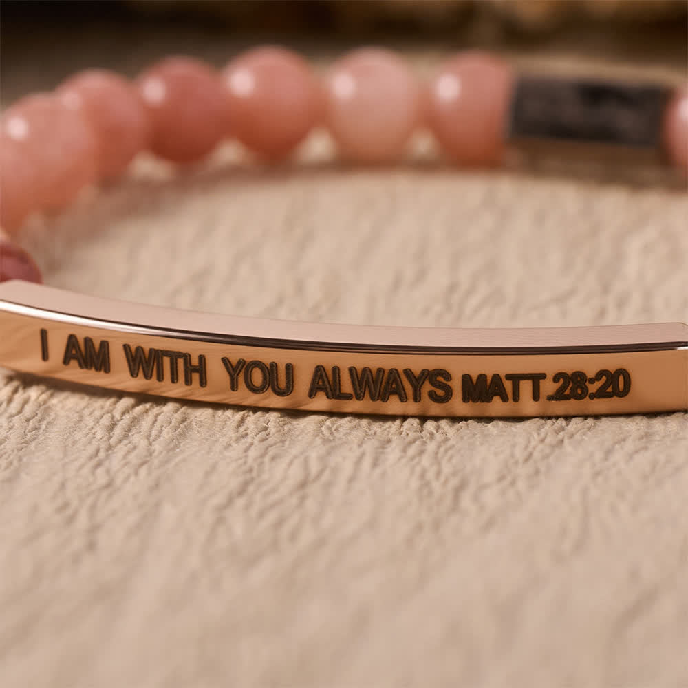 Engraved Curved Bar Stretch Beaded Bracelet With I AM WITH YOU ALWAYS Matthew 28:20 Verse