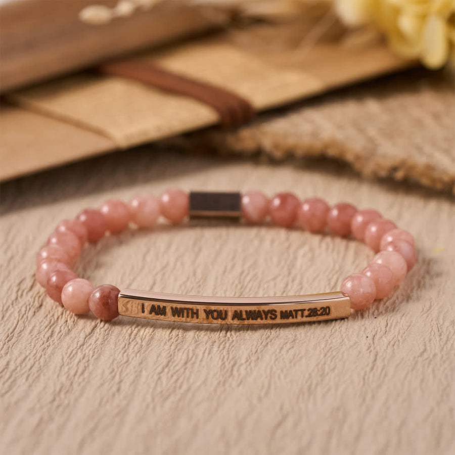 Engraved Curved Bar Stretch Beaded Bracelet With I AM WITH YOU ALWAYS Matthew 28:20 Verse
