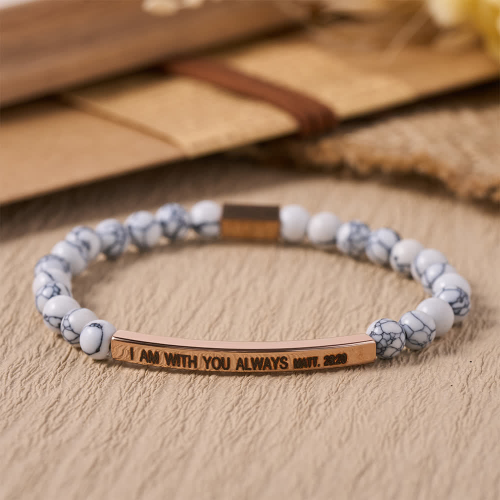 Engraved Curved Bar Stretch Beaded Bracelet With I AM WITH YOU ALWAYS Matthew 28:20 Verse