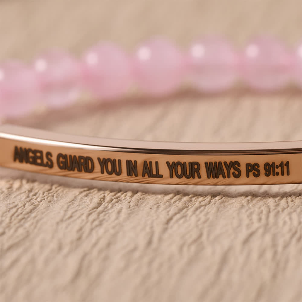 Engraved Curved Bar Stretch Beaded Bracelet With Psalm 91:11 Verse Angels Guard You In All Your Ways