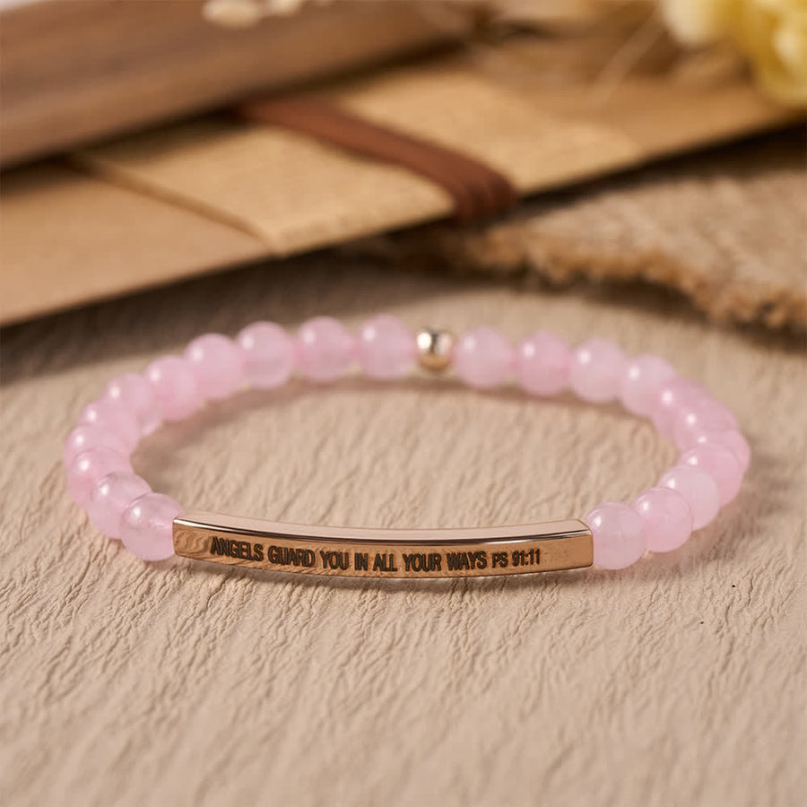Engraved Curved Bar Stretch Beaded Bracelet With Psalm 91:11 Verse Angels Guard You In All Your Ways