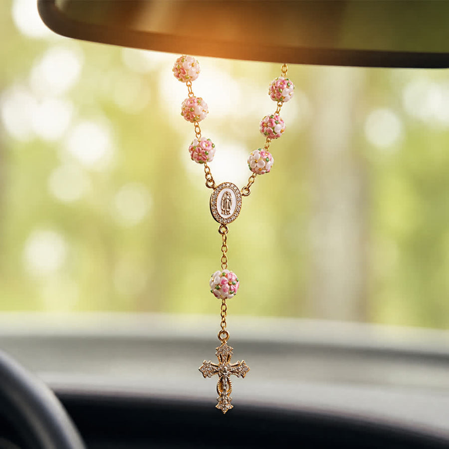Ornate Jeweled Gold Cross Floral Glass Car Rosary: Token of Heavenly Travel Protection